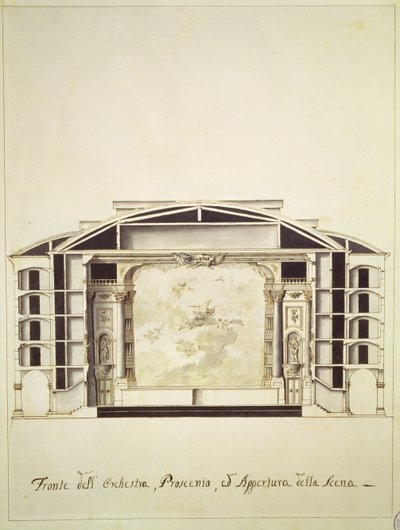 Doorsnede van een theater aan het Canal Grande met het podium en het orkest, 1787 door Pietro Bianchi